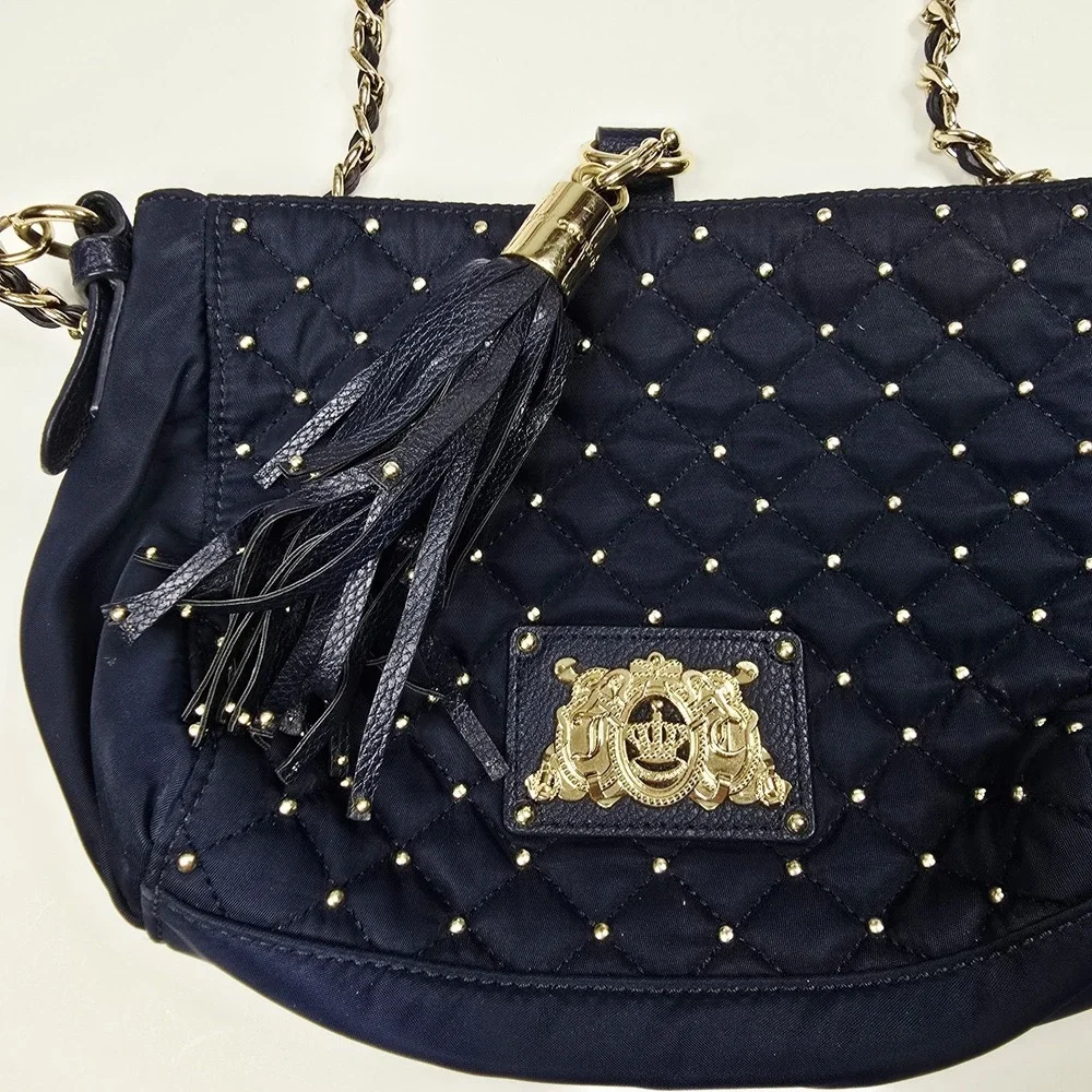 Juicy Couture Navy‎ Quilted Studded Crossbody Bag Chain Gold Monogram Tassel
